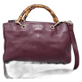 Borsa da shopping media in pelle martellata con manici in bambù - Borgogna - Gucci