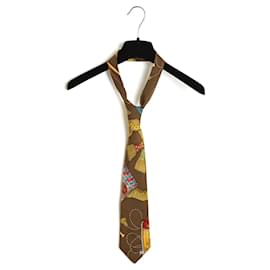 Cravatta Twilly Hermès 1989 Tambours Seta Twill Marrone Chiaro Nodo Hermes
