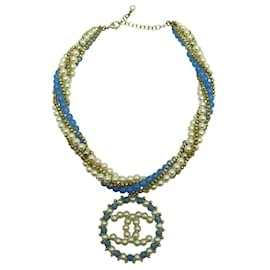 COLLANA CHANEL PENDENTE LOGO CC 2018 PERLE BLU MADREPERLA SCATOLA COLLANA DI PERLE