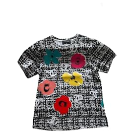 Top Chanel in cotone con motivi floreali bianco e nero logo CC Taglia 38