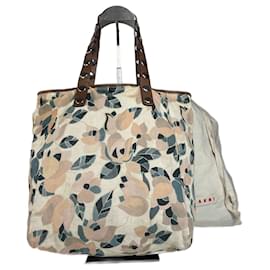 Borsa tote vintage Marni in tela e pelle con fiori borchiati beige marrone verde