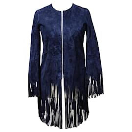Chaqueta Sandro de cuero de cabra azul marino con flecos