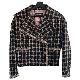 Chaqueta Chanel de tweed negro seda y algodón