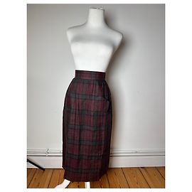 Falda de lienzo a cuadros vintage Yves Saint Laurent burdeos verde 36/S