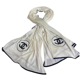 Chanel XL Avorio Nero Cashmere Sciarpa Stola Doppio CC
