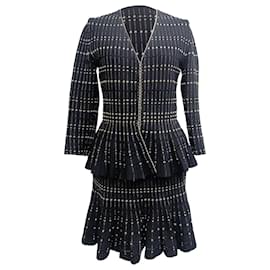 Set Cardigan Peplum a Righe e Gonna Midi in Viscosa Nera di Alexander McQueen