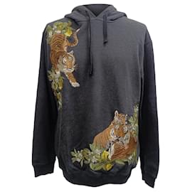 Grau Baumwoll-Hoodie mit Tiger-Stickerei von Dolce & Gabbana