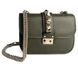 Sac à bandoulière en cuir de veau Rockstud Glam Lock petit modèle vert militaire - Valentino Garavani