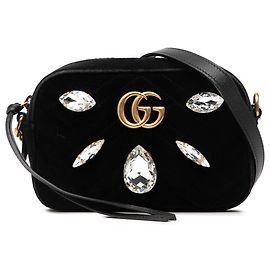 Gucci Mini GG Marmont Nero in Velluto Matelassé Decorato con Cristalli