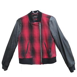 Maje Bikerjacke Schwarz und Rot aus Wolle und Lammleder