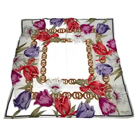 Sciarpa Floreale Vintage Celine Paris Bianca Rossa Viola Oro - Céline