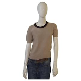 CHANEL Boutique Vintage Kurzarm Strickpullover Beige/Braun CC Knopf Größe S