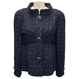 Chanel Tweed-Jacke mit Chiffon-Details in Marineblau / Schwarz