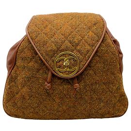 Zaino vintage in lana / pelle marrone Chanel degli anni '90