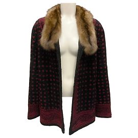 Abrigo de piel de cordero persa bordado negro / burdeos de Oscar de la Renta Couture con cuello de piel