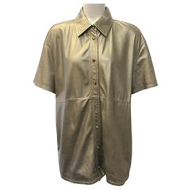 Top de cuero dorado de manga corta Brunello Cucinelli
