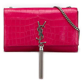 Borsa a tracolla Kate in pelle rosa medio con stampa coccodrillo di Saint Laurent con frange