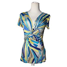Top abstracto vintage Emilio Pucci de seda / viscosa azul amarillo 40/L