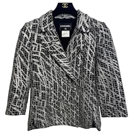 Chanel 12P Doppelreiher aus silbernem Metallic-Graffiti-Schwarz mit abnehmbaren Perlen Jacke FR 36