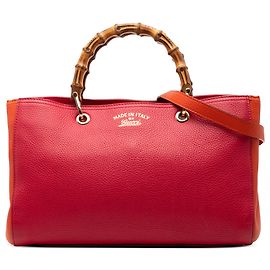 Borsa shopper media bicolore in pelle rossa Gucci con bambù