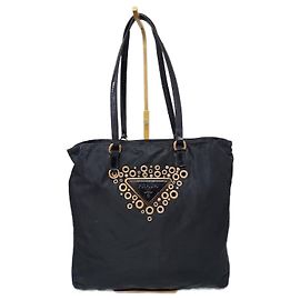 Borsa tote in nylon tessuto con logo grommet PRADA nero/oro