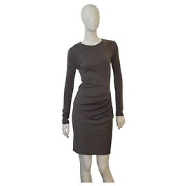 Joseph taubefarbendes Woll- und Leder-Paneel Bodycon Langarm-Drapiertes Kleid – Größe 36