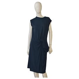 Lanvin Paris Drapierte Jersey Midi Kleid Marineblau Ärmellos Asymmetrischer Reißverschluss Rücken S