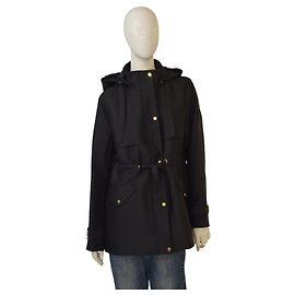 Ralph Lauren Black Label Chaqueta parka negra con capucha Ralph Lauren, herrajes dorados, talla M, serie Lauren, con cinturón