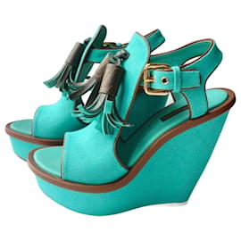 LOUIS VUITTON Sandali con Zeppa in Tela Verde Turchese Taglia 39 Ottime Condizioni