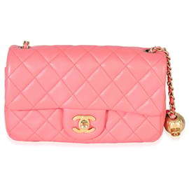 Chanel Mini rechteckige Tasche aus rosa gestepptem Lammleder mit Perlen Crush