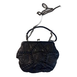 Autre Marque VENTILO Borsa a mano rotonda in pelle d'agnello nera trapuntata con perle