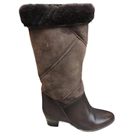 Bally Shearling Lederstiefel dunkelbraun