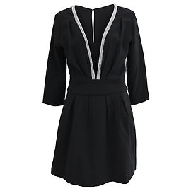 Vestido Mini con Escote en V en Poliéster Negro Ba&sh