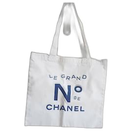 Chanel Tote Bag Weiß Blau Baumwolle