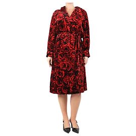 Dries Van Noten Vestido midi de terciopelo floral rojo con cinturón - talla UK 12