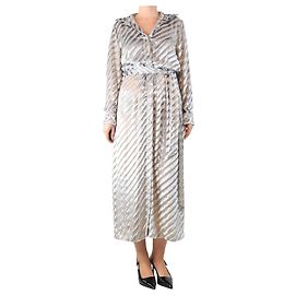 Dries Van Noten Abito camicia in velluto argento a righe diagonali - taglia UK 14