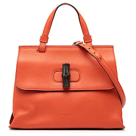 Borsa quotidiana piccola in pelle arancione con bambù Gucci