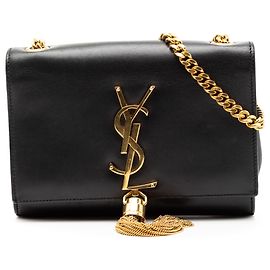 Crossbody Kate Monogram in vitello liscio nero con frange di Saint Laurent