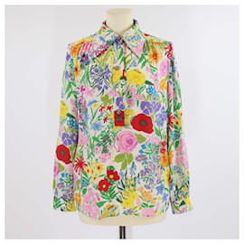 Camisa de medio botón de seda multicolor con estampado floral Gucci
