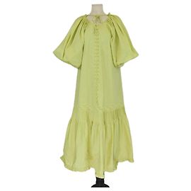 Autre Marque Vestido midi Lilah bordado con mangas abullonadas en algodón amarillo verde Joslin