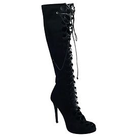 Giambattista Valli Black Suede Open Toe Lace Up Tall Boots