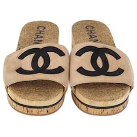 Sandalias Mule de Corcho CC en Ante Tan/Negro de Chanel