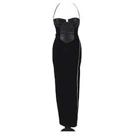 Vestido largo de cuello halter en mezcla de rayón negro y cuero sintético con cremallera lateral Staud