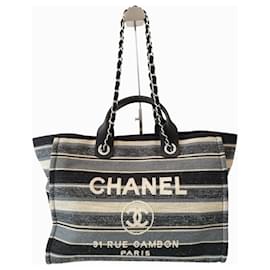 Chanel Deauville Striped Tote Bag in Navy Blue and Beige Canvas