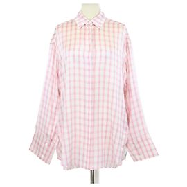 Camisa de manga larga oversized con patrón de cuadros rosa/blanco de seda Loewe