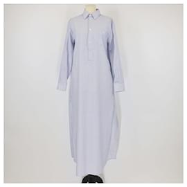 Celine Blaue Popeline Baumwoll gestreiftes Midi-Hemd Kleid mit langen Ärmeln - Céline