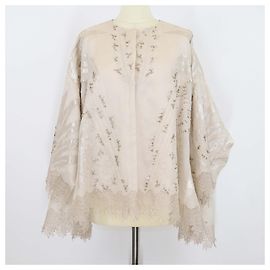 Biyan Camisa oversized beige de lino con detalles de cuentas de manga tres cuartos