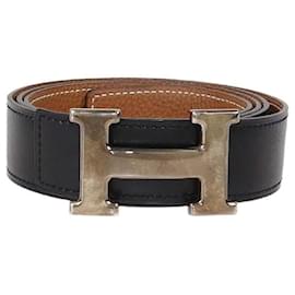 Hermès Hermes Black/Gold Box Calf & Togo Leather Reversible H Buckle Belt