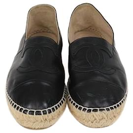 Chanel Black Leather CC Cap Toe Espadrille Flats