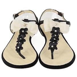 Chanel Schwarz/Creme Leder Kamélie Perle Schleife Ballerinas